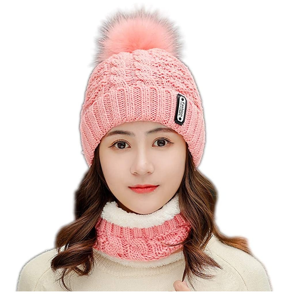 Skullies & Beanies Womens Winter Beanie Hat Scarf Set Warm Fuzzy Knit Hat Neck Scarves - D-pink - C518ZKZKEZ9