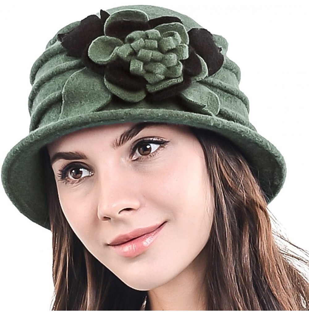 Bucket Hats Lady 100% Wool Floral Bucket Cloche Bowler Hat Felt Dress Hat XC020 - Green - CY12LW25M7H