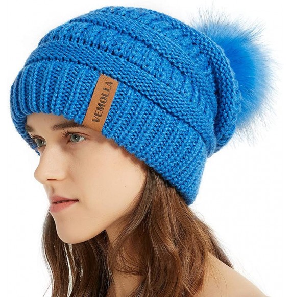 Skullies & Beanies Womens Winter Knit Slouchy Beanie Chunky Hats Bobble Hat Ski Cap with Faux Fur Pompom - Blue - C018YST64H8