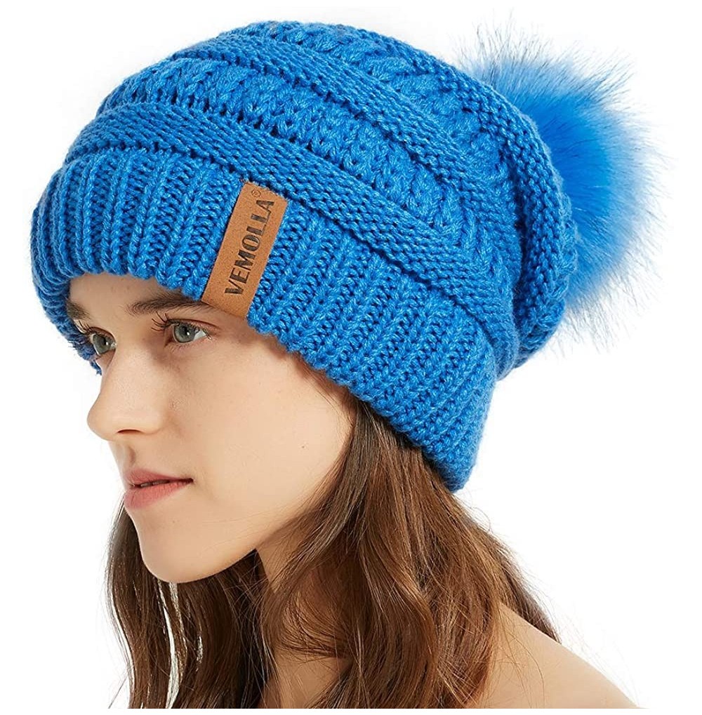Skullies & Beanies Womens Winter Knit Slouchy Beanie Chunky Hats Bobble Hat Ski Cap with Faux Fur Pompom - Blue - C018YST64H8