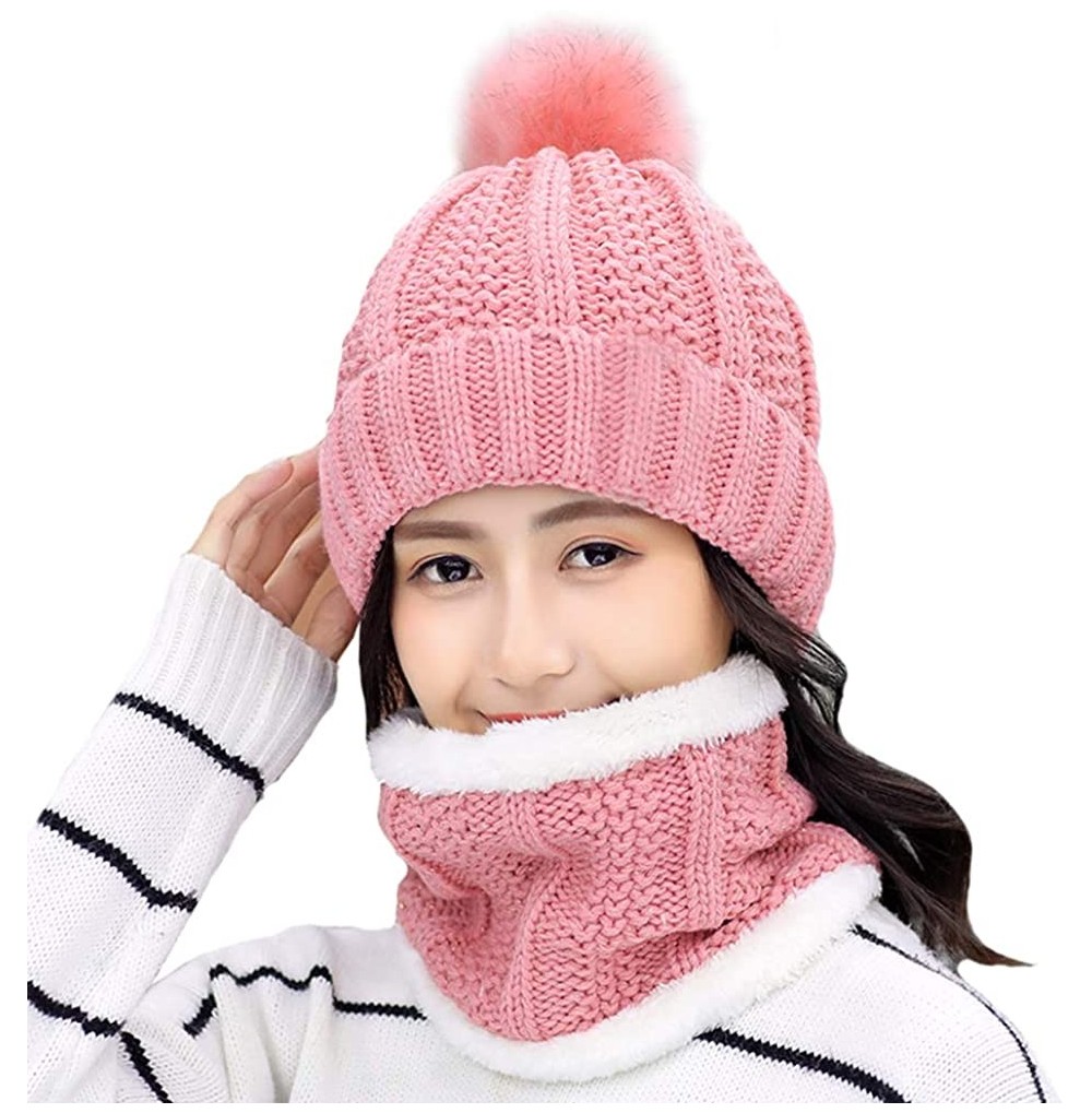 Skullies & Beanies Womens Winter Beanie Hat Scarf Set Warm Fuzzy Knit Hat Neck Scarves - C-pink - C418ZDQG3OZ