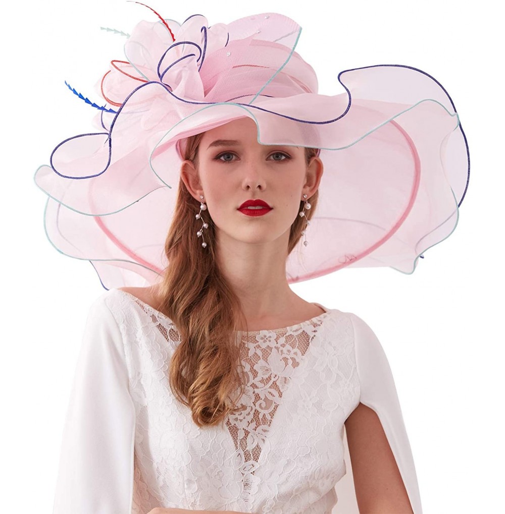 Sun Hats Women Kentucky Derby Church Hat Organza Flower Wide Brim Fascinator Hats for Wedding Tea Party- Dual-use - C918RH6M7IH