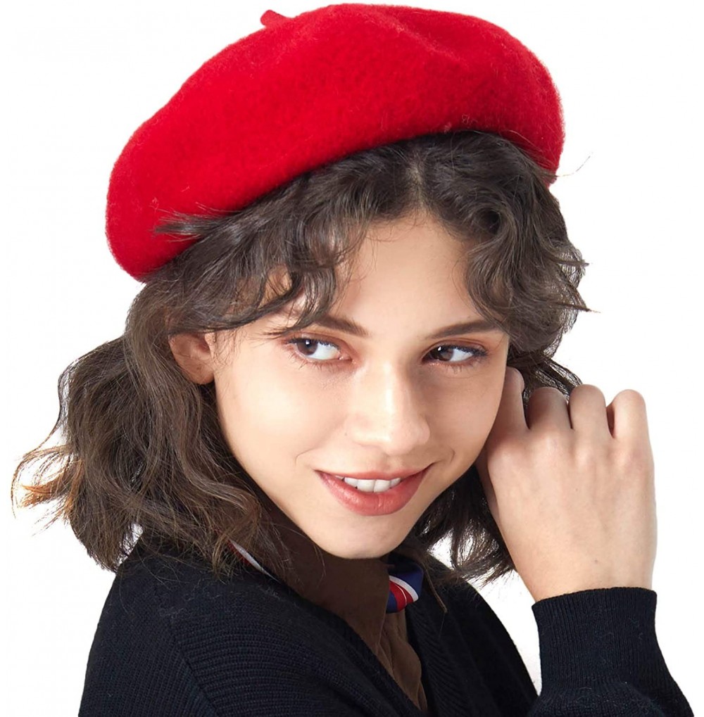 Berets 100% Wool French Beret for Women Classic Solid Color Artist Beret Knitted Cap - Red - CW18A2X0W5C