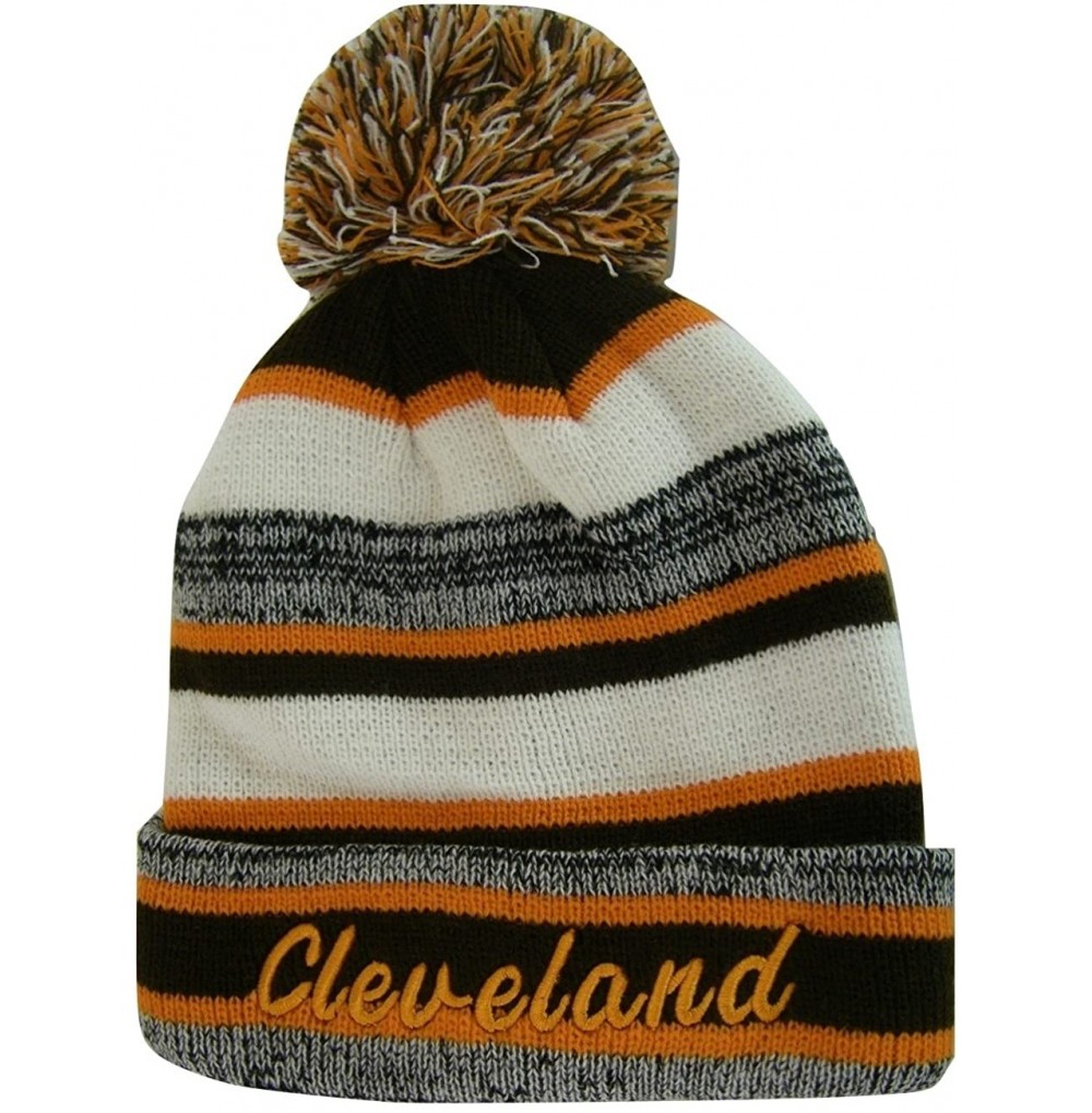 Skullies & Beanies Cleveland 4-Color Embroidered Adult Size Thick Winter Knit Pom Beanie Hat - Orange Script - CL186ZEW336