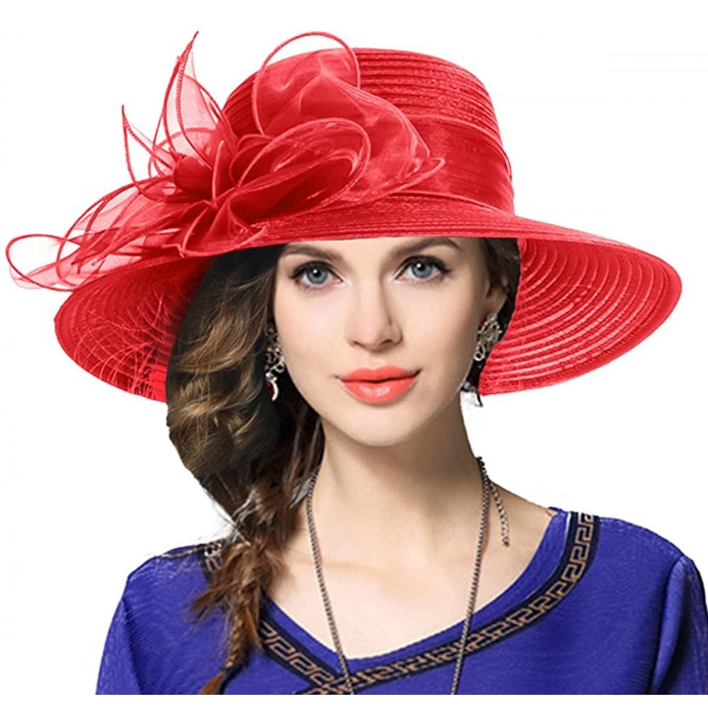 Sun Hats Kentucky Derby Church Dress Hat Wide Brim Leaf Flower Bridal Shower Hat - Red - CO12LFBLQJ3