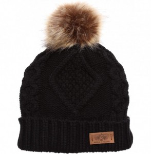 Skullies & Beanies Women's Winter Fleece Lined Cable Knitted Pom Pom Beanie Hat with Hair Tie. - Black - CP12MY6U3RR