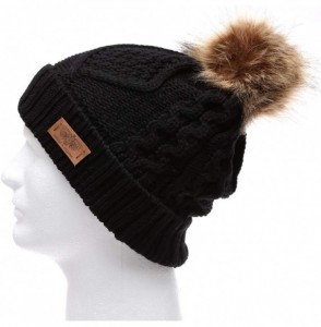 Skullies & Beanies Women's Winter Fleece Lined Cable Knitted Pom Pom Beanie Hat with Hair Tie. - Black - CP12MY6U3RR