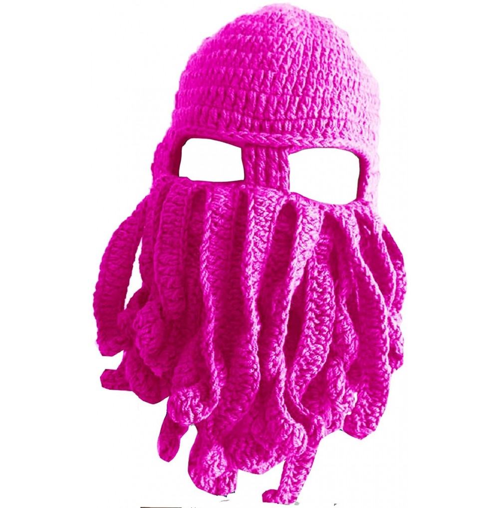 Skullies & Beanies Knit Beard Octopus Hat Mask Beanies Handmade Funny Party Caps with Wig Hair Winter - Octopus -Rose Red ( A...
