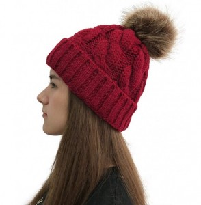 Skullies & Beanies Womens Winter Beanie Hat- Warm Fleece Lined Knitted Soft Ski Cuff Cap with Pom Pom - Wine - C218A6ZH5D7