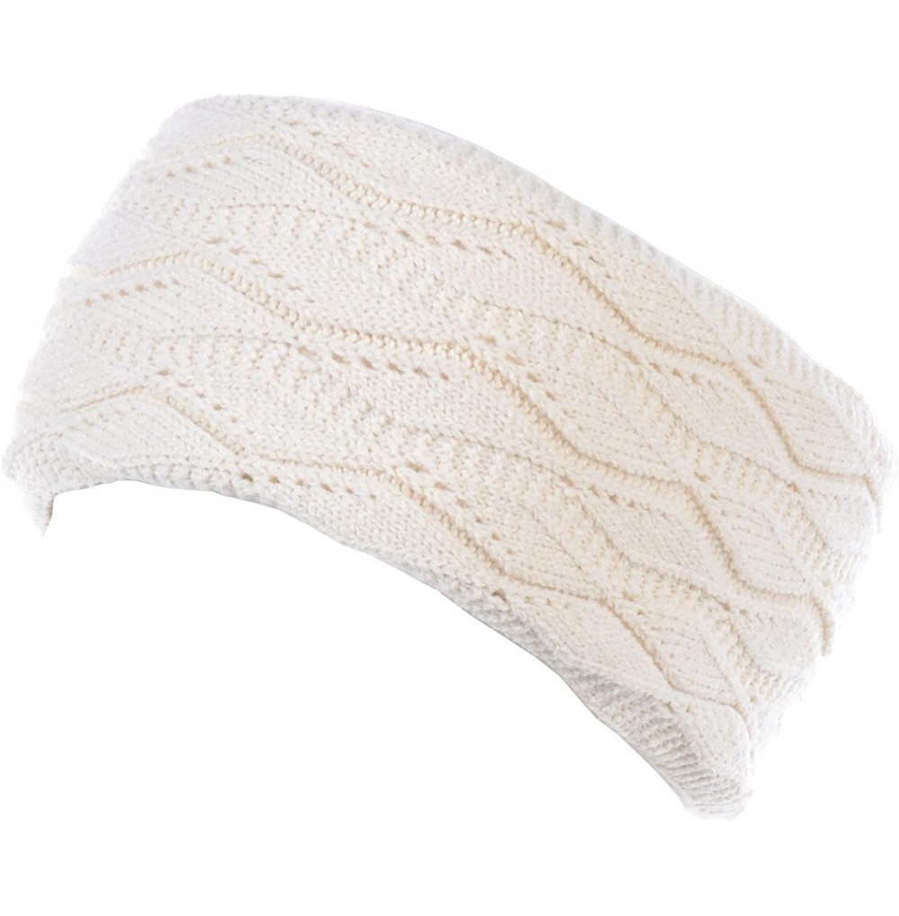 Cold Weather Headbands Womens Chic Cold Weather Enhanced Warm Fleece Lined Crochet Knit Stretchy Fit - Leafy Ivory - CI1882CLGTC