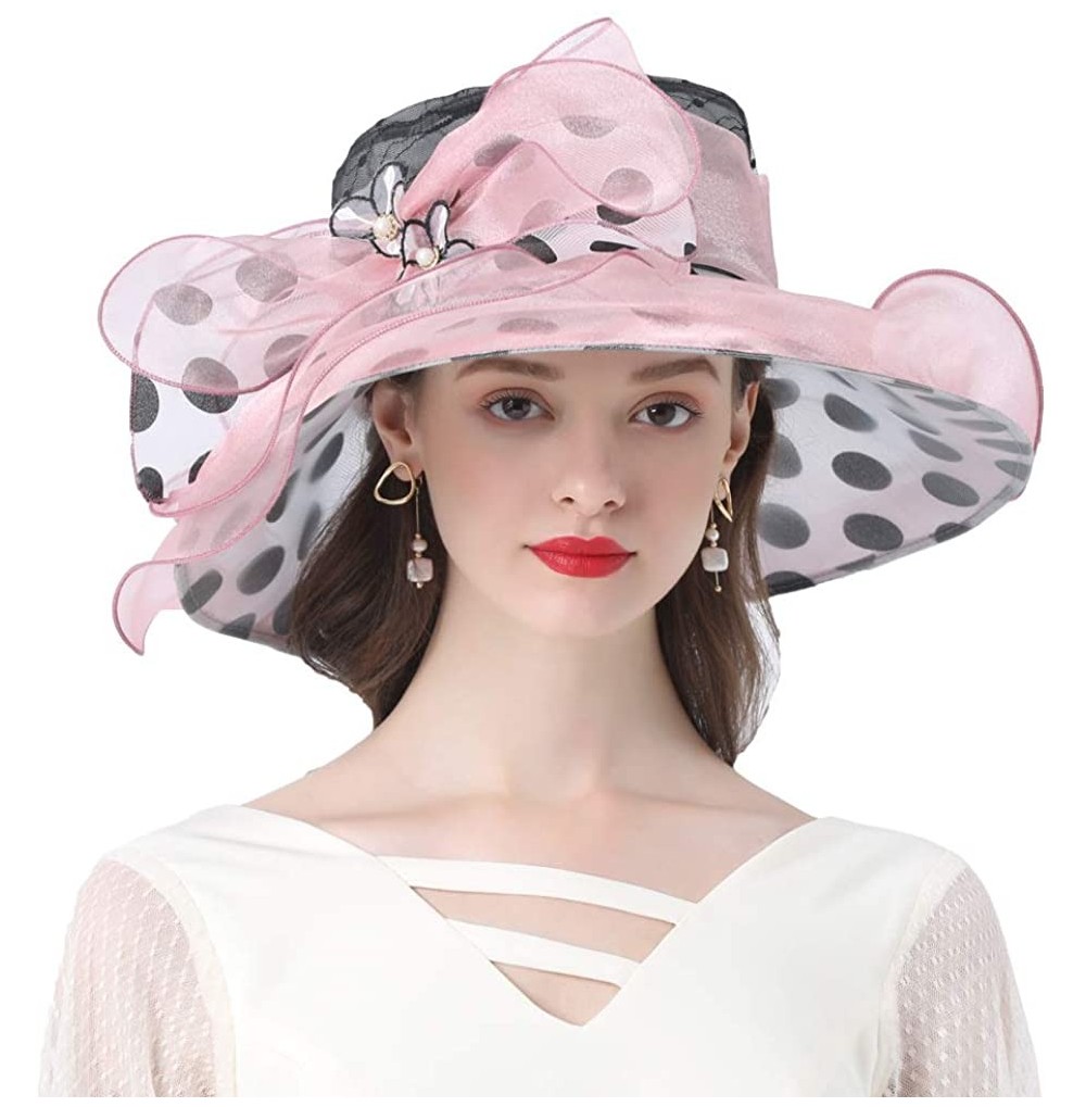 Sun Hats Women's Church Derby Tea Party Wedding Hat Polka Dot Organza Hats - Pink - C6194027QAH