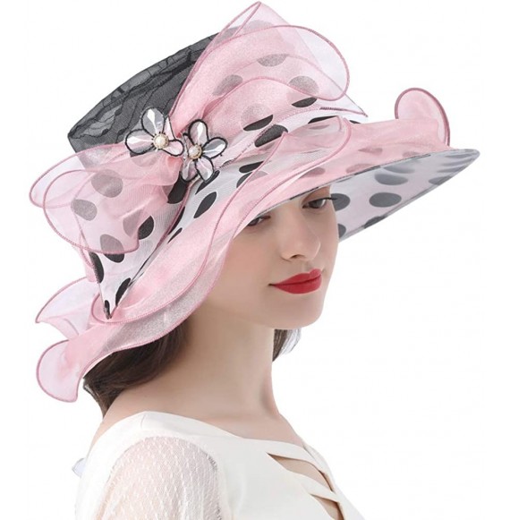 Sun Hats Women's Church Derby Tea Party Wedding Hat Polka Dot Organza Hats - Pink - C6194027QAH