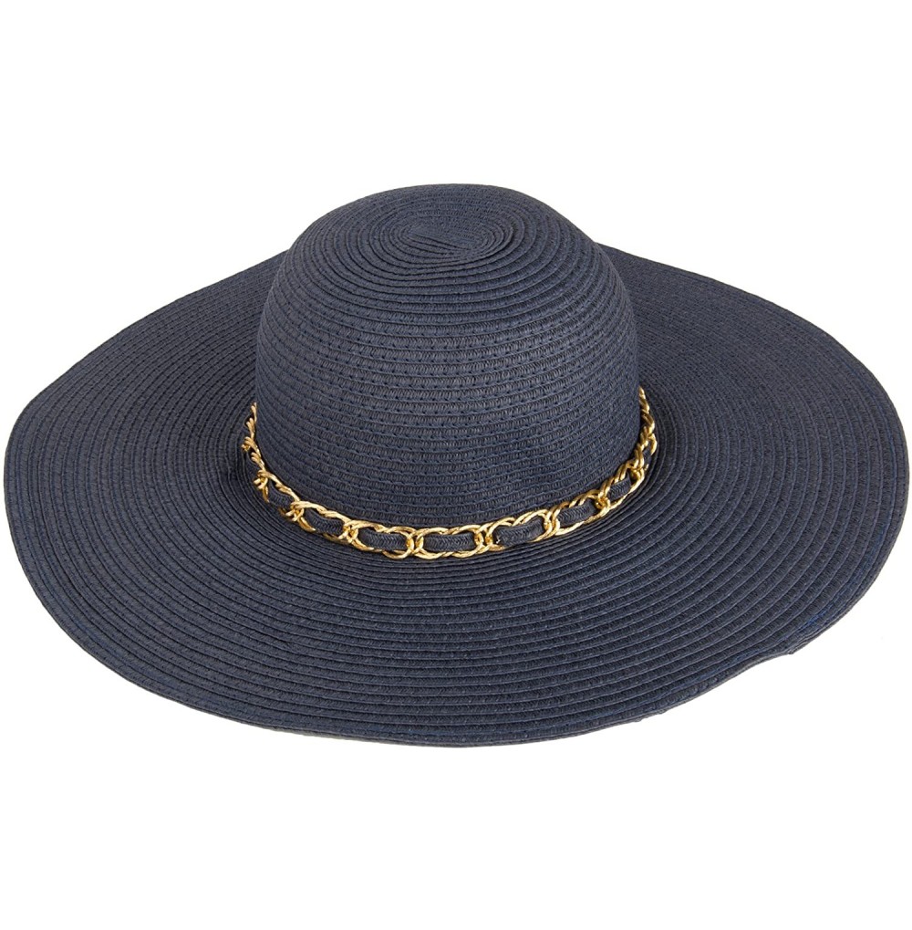 Sun Hats Paper Straw Large Wide Brim Floppy Caps Beach Sun Hat w- Gold Chain Band - Blue - CJ17YY2KOIN