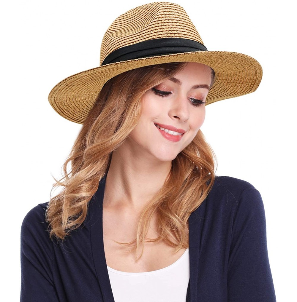 Sun Hats Women and Men Panama Straw Hat Wide Brim Summer Beach Sun Hat - Khaki - CA18S40AQE9
