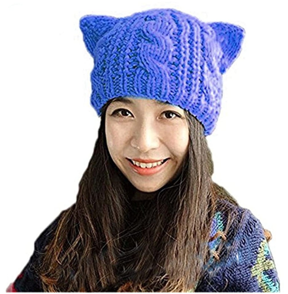 Skullies & Beanies Handmade Knitted Pussy Cat Ear Beanie Hat for Women's March Winter Warm Cap - Blue - CJ189H99N5C