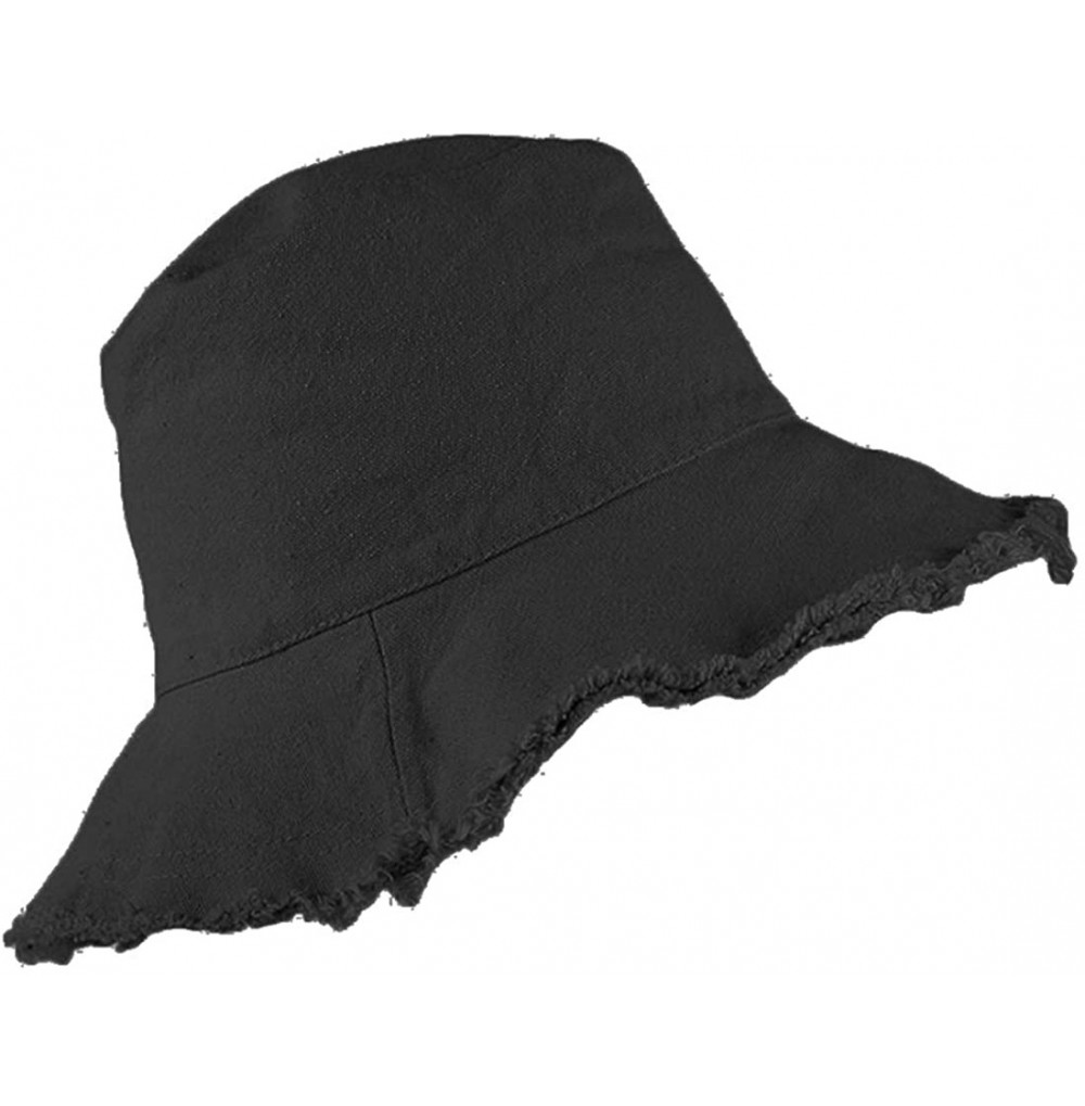 Bucket Hats Washed-Summer-Bucket Hat Distressed Retro-Fisherman Cap Solid Women - Black - CZ18RSTTSZ0