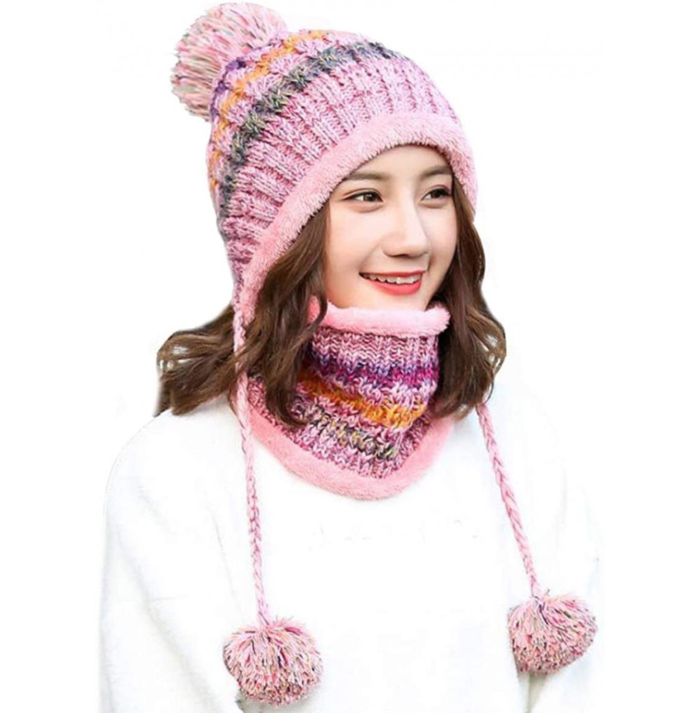 Skullies & Beanies Women Fleece Lined Winter Beanie Hat Ski Cap Ear Flaps Peruvian Dual Layered Pompoms - C07-m8771-pink - CH...