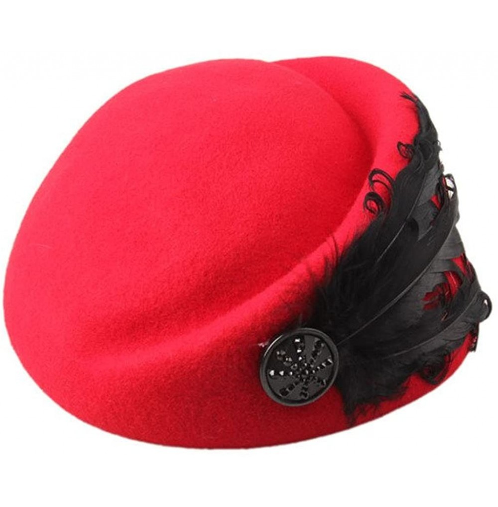 Berets Women's Vintage Feather Wool Beret Cap British Style Pillbox Hat - Red - CN124X1DF6J