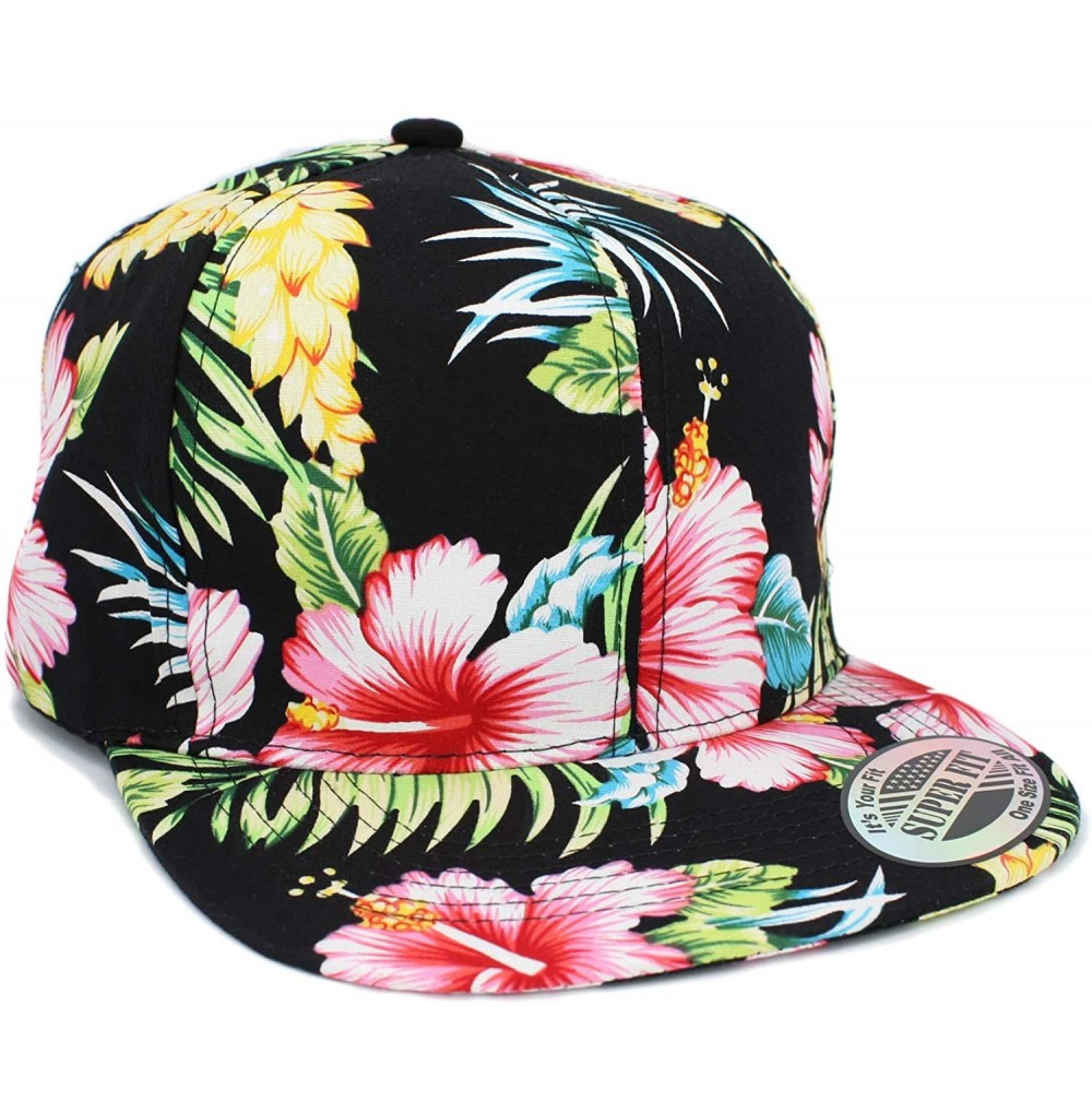 Baseball Caps Plain Hawaiian Flower Printed Brim Flat Bill Snapback Cap - All Flw/Black/Pink - CC18069OE96