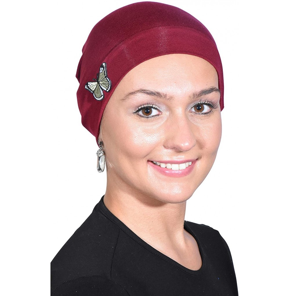 Skullies & Beanies Ladies Chemo Hat with Green Butterfly Bling - Burgundy - C818OZTCKQR