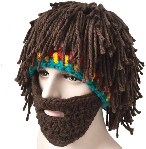 Skullies & Beanies Creative Original Barbarian Knit Beard Hat Wig Beanie Hat Funny Knit Hat Beard Facemask - Brown - CA12NELLJJU