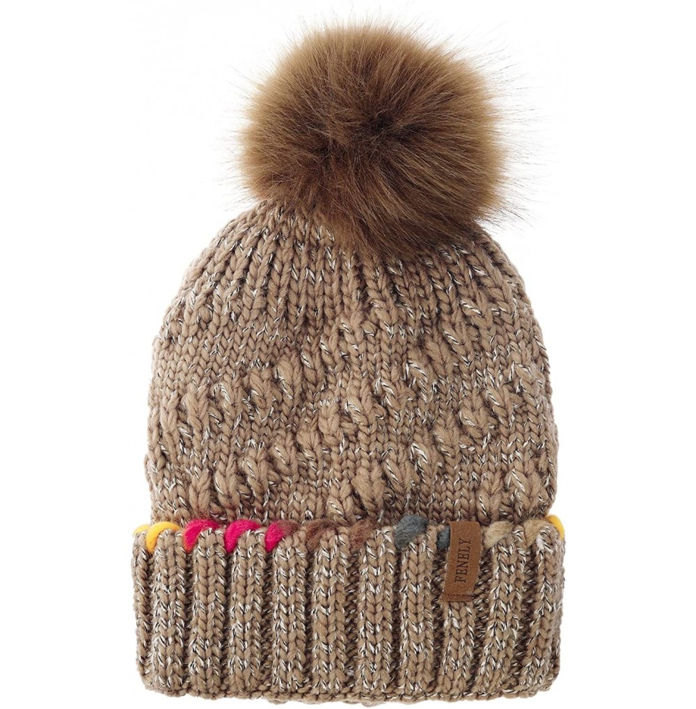 Skullies & Beanies Knit Slouchy Beanie Hats for Women Winter - Warm Chunky Fleece Lined Beanies with Pompom - Khaki - CA18Y7T...