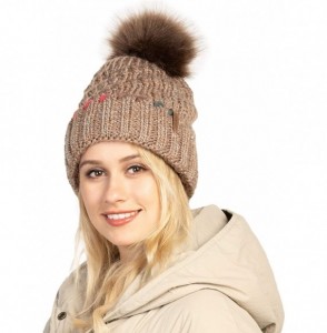 Skullies & Beanies Knit Slouchy Beanie Hats for Women Winter - Warm Chunky Fleece Lined Beanies with Pompom - Khaki - CA18Y7T...