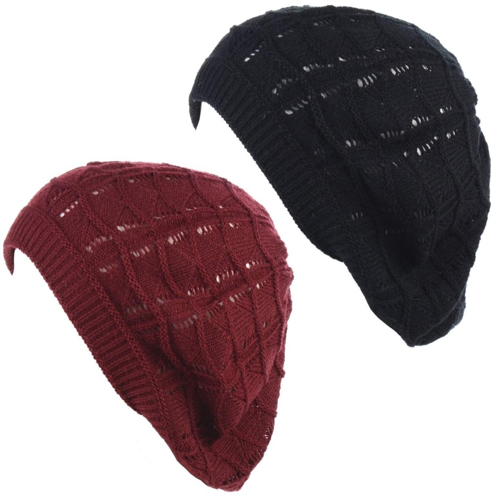 Berets Chic Soft Knit Airy Cutout Lightweight Slouchy Crochet Beret Beanie Hat - CZ194XTGWGR