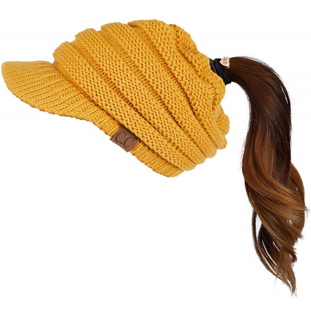 Skullies & Beanies Messy Bun Ponytail Visor Brim Beanie Hat Bundle Hair Tie (MB-131) - Mustard - CA18SI9ZQSY