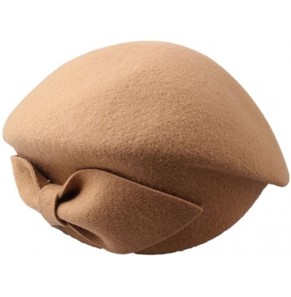 Berets Women's Wool Beret Beanie Retro Pillbox Hat Cap with Bow - Camel - CB124X1DHNF