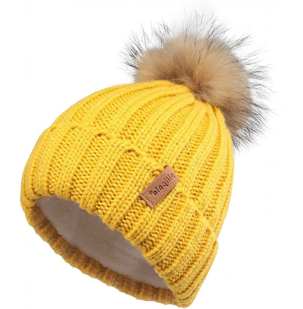 Skullies & Beanies Women Winter Knitted Beanie Hat with Fur Pom Bobble Hat Skull Beanie for Women - Ginger( Gold Pompom) - CJ...