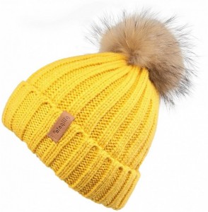 Skullies & Beanies Women Winter Knitted Beanie Hat with Fur Pom Bobble Hat Skull Beanie for Women - Ginger( Gold Pompom) - CJ...