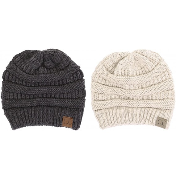 Skullies & Beanies Warm Soft Cable Knit Skull Cap Slouchy Beanie Winter Hat (2pcs Set- Dark Melange Grey/New Beige) - CL12O9P...