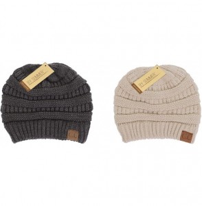Skullies & Beanies Warm Soft Cable Knit Skull Cap Slouchy Beanie Winter Hat (2pcs Set- Dark Melange Grey/New Beige) - CL12O9P...