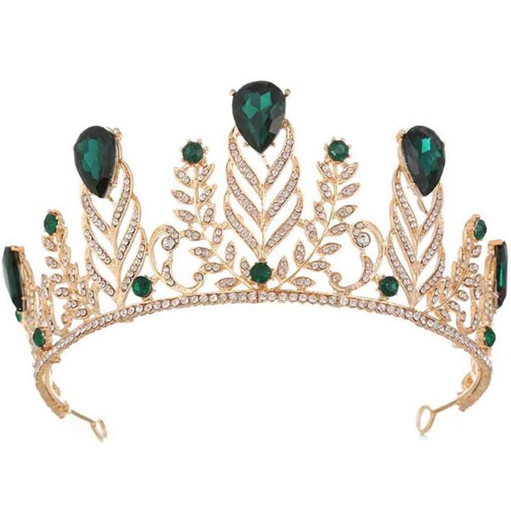 Headbands Vintage Rhinestone Feather Crown Wedding Crystal Leaf Bride Tiara Headband(A1346) - Green - CL187U032K7