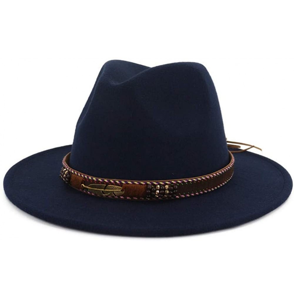 Fedoras Men Women Ethnic Felt Fedora Hat Wide Brim Panama Hats with Band - Navy - CZ18KZQNR6A