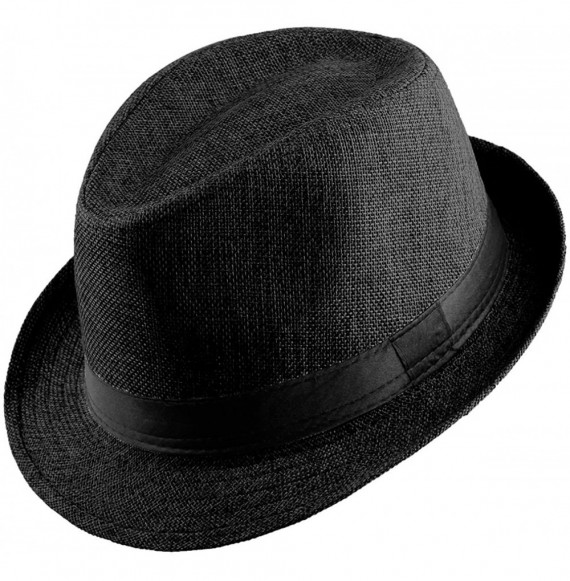 Fedoras Fedora Hats for Women Men-Braid Straw Short Brim Jazz Panama Cap - 01-black - CE12GBK54WD