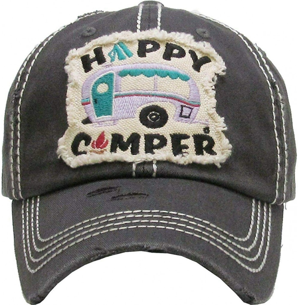 Baseball Caps Adjustable Happy Camper Distressed Baseball Cap Hat - Black - CZ182OAO47N