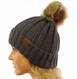 Skullies & Beanies Winter Sherpa Fleeced Lined Chunky Knit Stretch Pom Pom Beanie Hat Cap - Solid Dk. Melange Gray - CD18K2QWEX9
