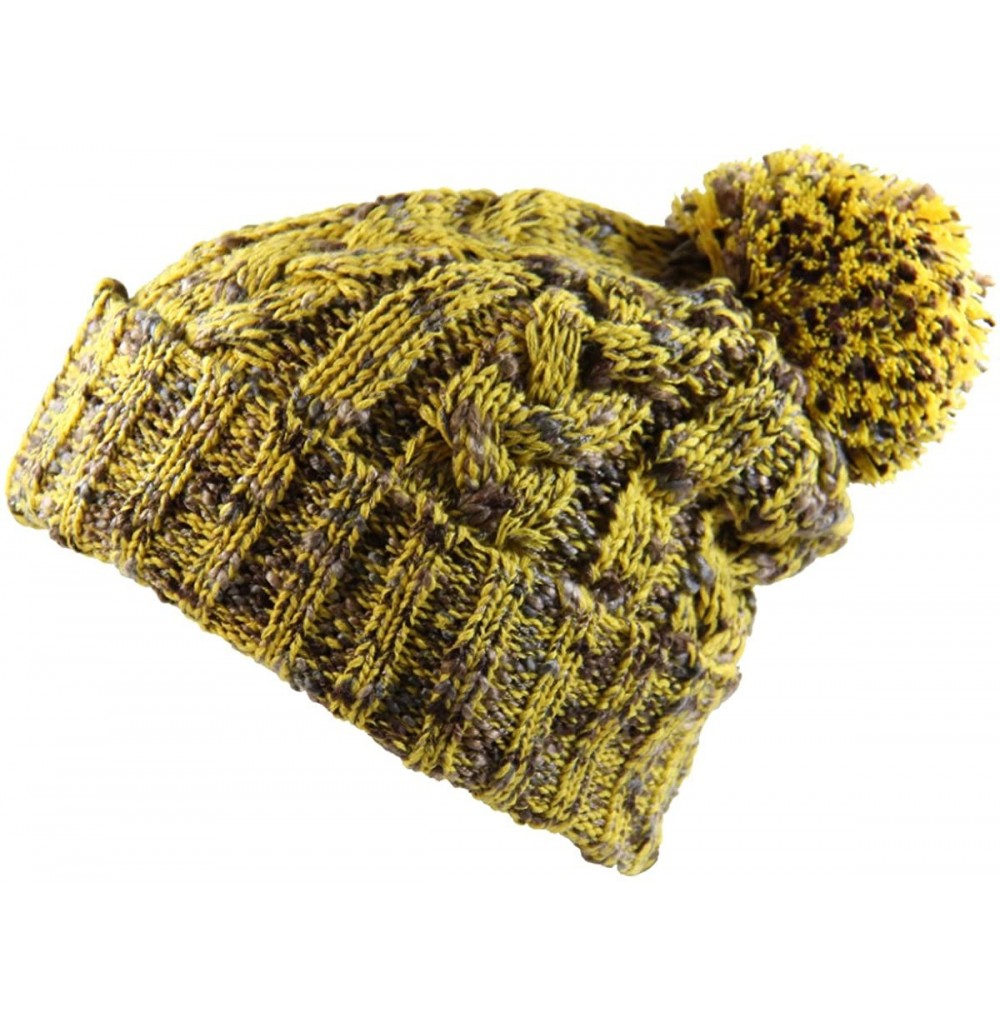 Skullies & Beanies Winter Warm Baggy Knit Slouchy Multi Color Beanie Hat with Pom Pom - Mustard/Multi - C5186AZDNGK