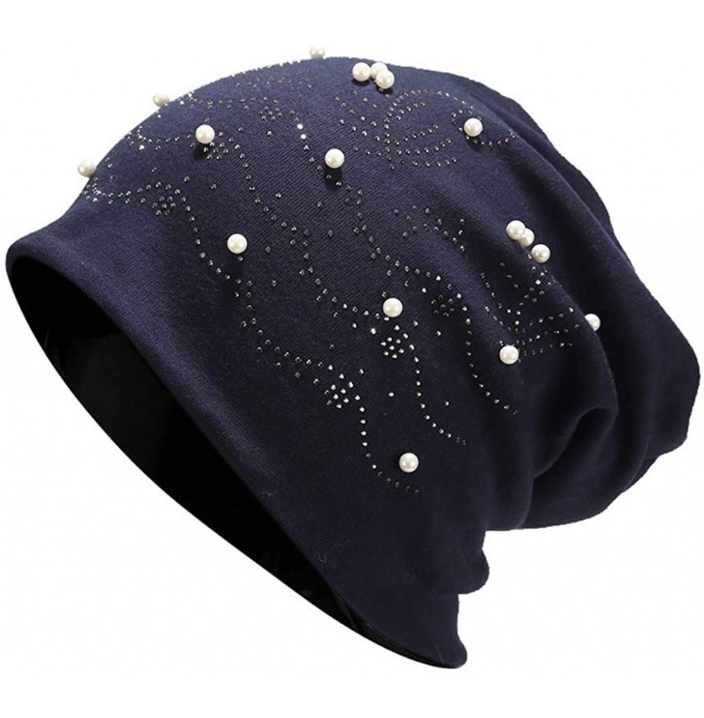 Skullies & Beanies Muslim Turbans for Womens Fashion Women Stretch Headgear Pure Color Pearl Head Scarf Wrap Hat Cap - K - C1...