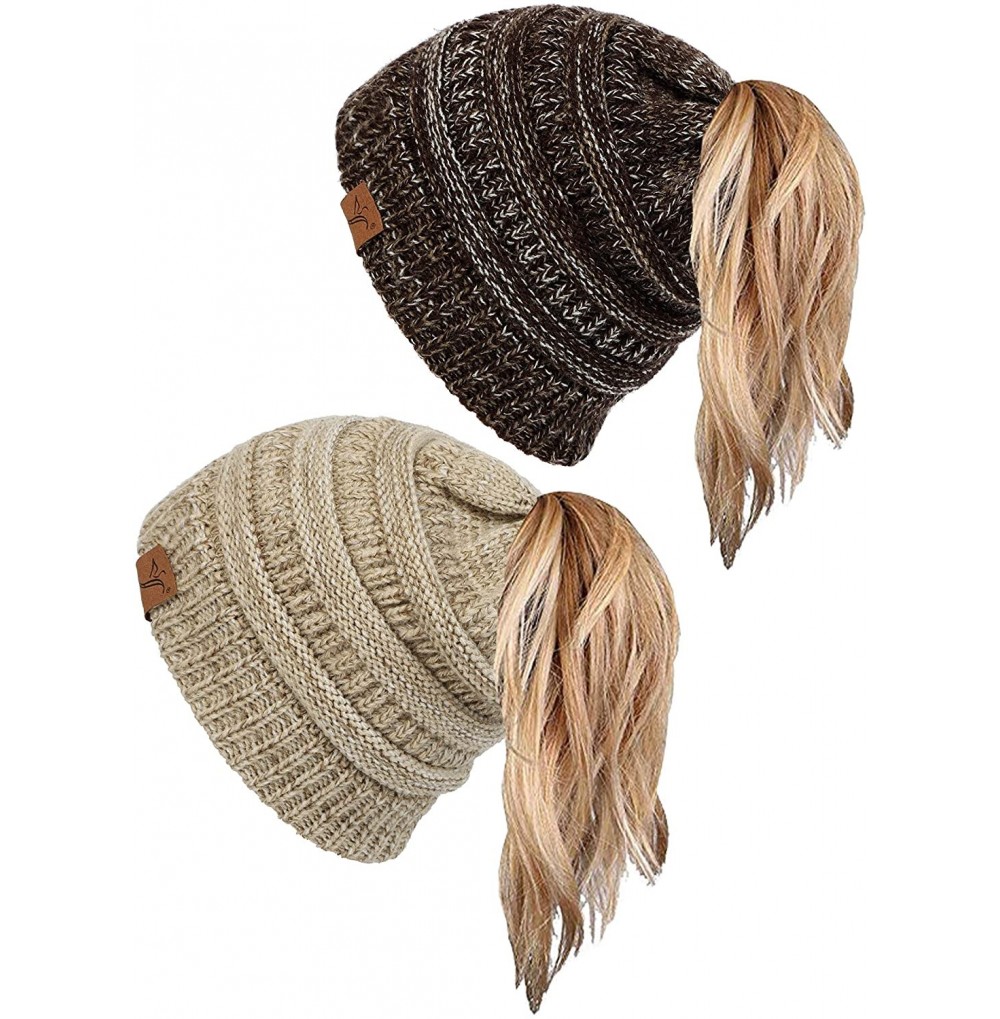 Skullies & Beanies Ponytail Messy Bun Beanie Tail Knit Hole Soft Stretch Cable Winter Hat for Women - C418X4ZI0MU