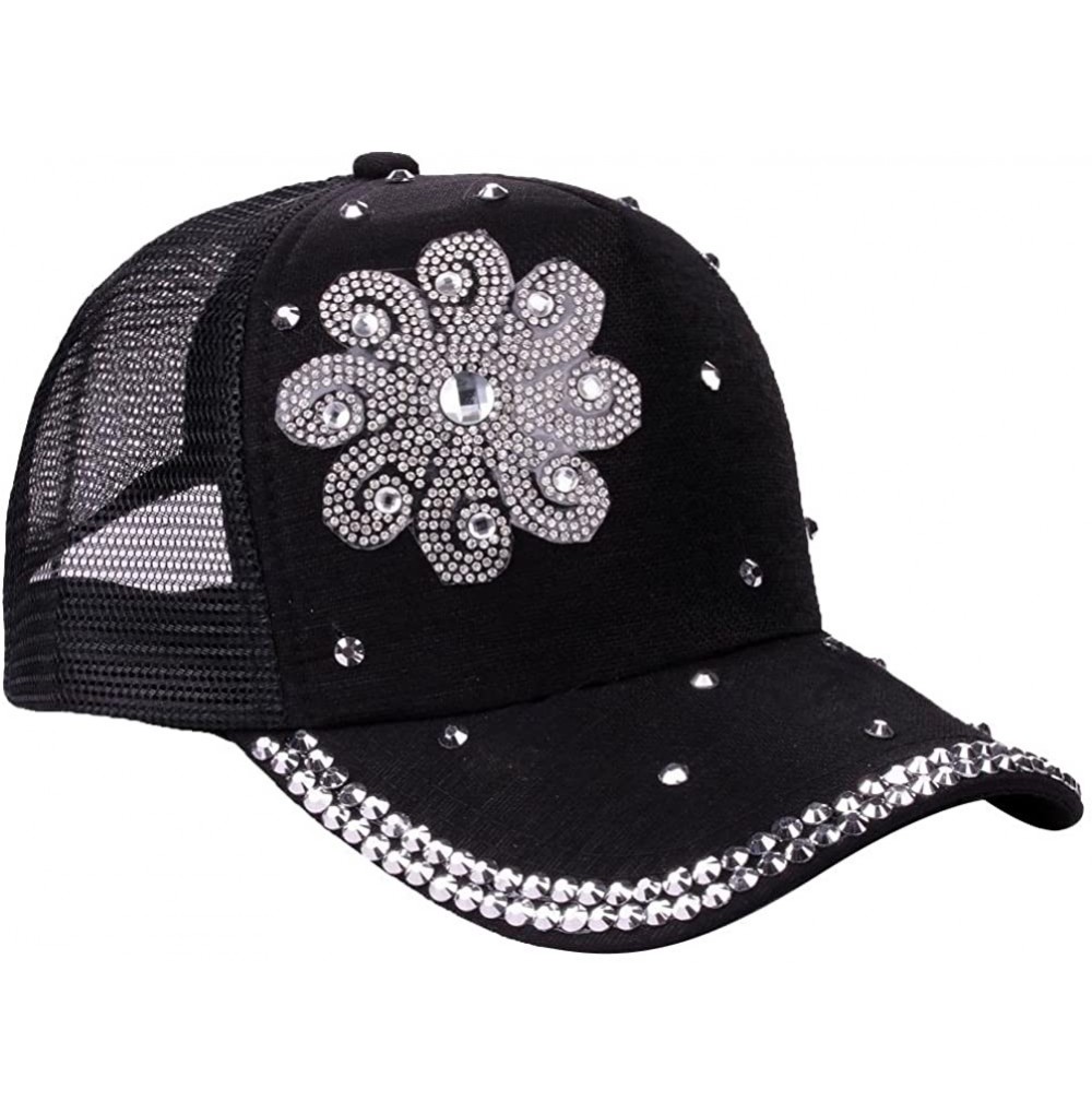 Baseball Caps Rhinestone Flower Ponytail Baseball Cap Adjustable Hat Sun Visor Hat for Women Girls - Black - CX18EZLTOON