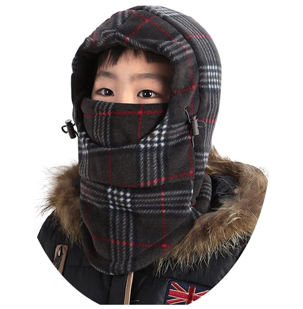 Skullies & Beanies Children's Winter Windproof Cap Thick Warm Face Cover Adjustable Ski Hat - Grid Dark Grey - CA186QGWU49