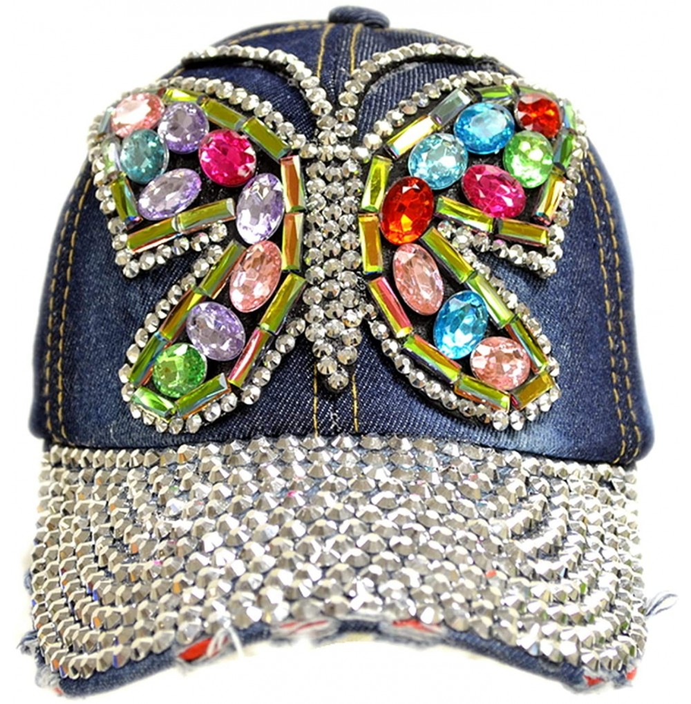 Baseball Caps Bling Baseball Cap Hat - Embellished with Crystal Rhinestones and Faux Gemstones - Rainbow Butterfly - CE18UQD605W