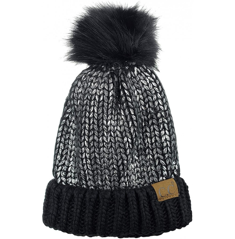 Skullies & Beanies Women's Faux Fur Pom Shiny Metallic Finished Knit Beanie Hat - Black/Silver - CT18IQI3HWL