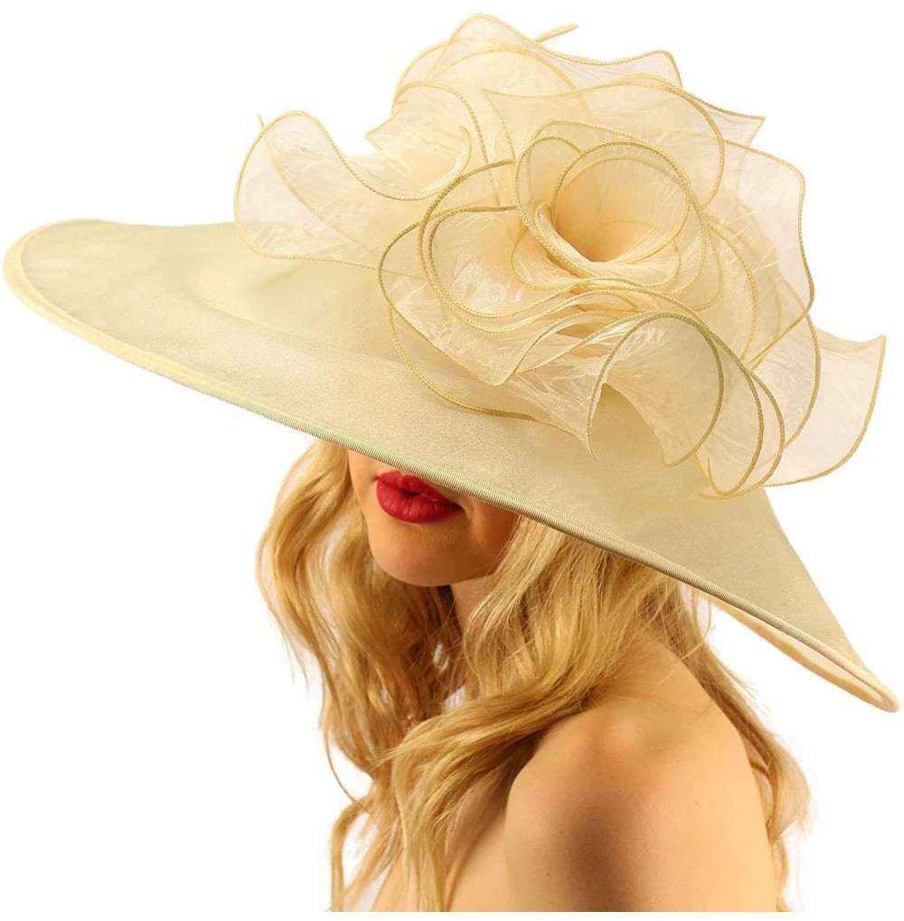 Sun Hats Splendid Edwardian Ruffle Floral Organza Derby Floppy Wide 7" Dress Hat - Lt. Gold - CO17X67K5I5