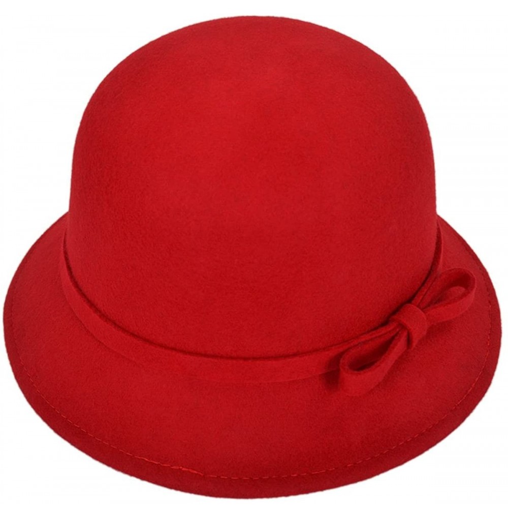 Bucket Hats Women's Pure Wool Solid Color Bow Round Cloche Cap Hat - Diff Colors - Red - CJ11AD8MU8P