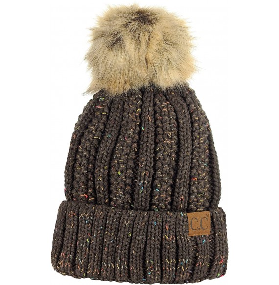 Skullies & Beanies Thick Cable Knit Faux Fuzzy Fur Pom Fleece Lined Skull Cap Cuff Beanie - Confetti Brown - CT18GUYGMH7