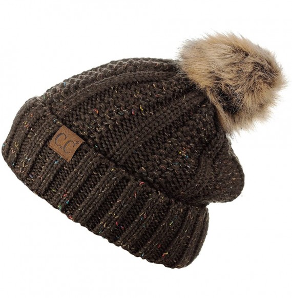 Skullies & Beanies Thick Cable Knit Faux Fuzzy Fur Pom Fleece Lined Skull Cap Cuff Beanie - Confetti Brown - CT18GUYGMH7